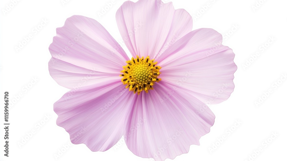 An intricate shot of a soft pink cosmos flower with delicate petals and a yellow center, isolated white background, minimalistic art style An intricate shot of a soft pink cosmos flower with delicate petals and a yellow center, isolated white background, minimalistic art style