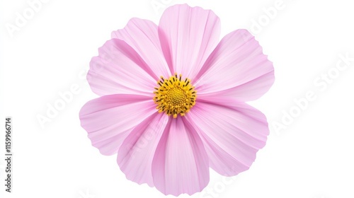 An intricate shot of a soft pink cosmos flower with delicate petals and a yellow center, isolated white background, minimalistic art style