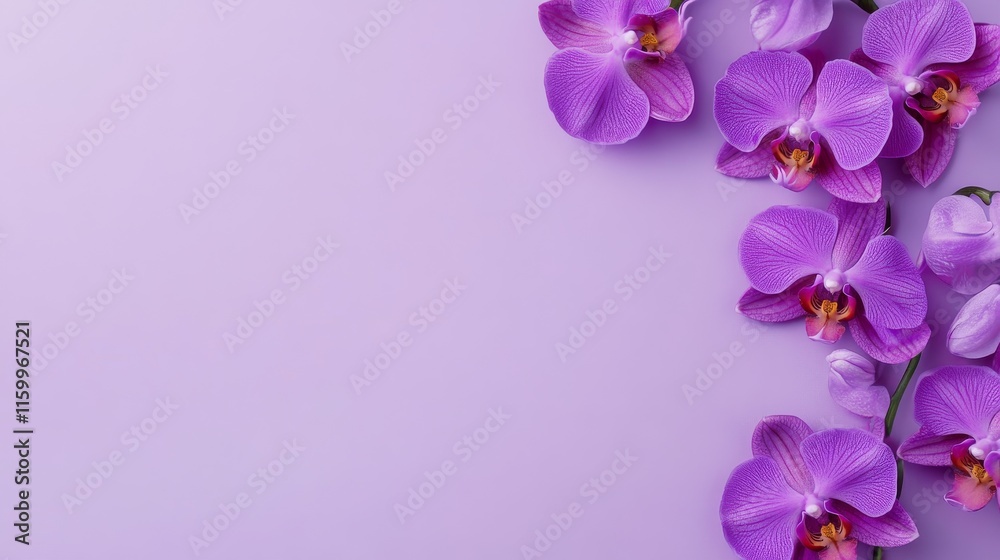 Elegant orchid blooms in shades of purple, set against a calm and sophisticated lavender background, Minimalist style Elegant orchid blooms in shades of purple, set against a calm and sophisticated lavender background, Minimalist style