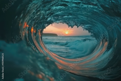 Sunset viewed from inside a curling ocean wave. (7) photo