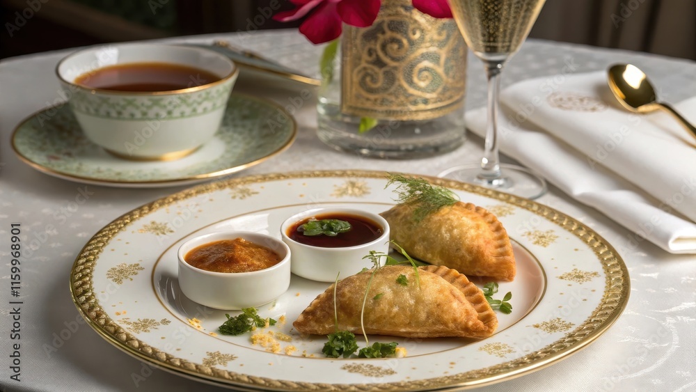Luxurious High Tea Setup with Curry Puffs and Tea Luxurious High Tea Setup with Curry Puffs and Tea