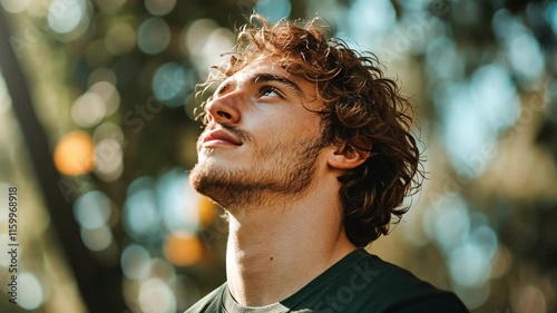 Young man gazing upward in a sunlit forest while enjoying a moment of reflection