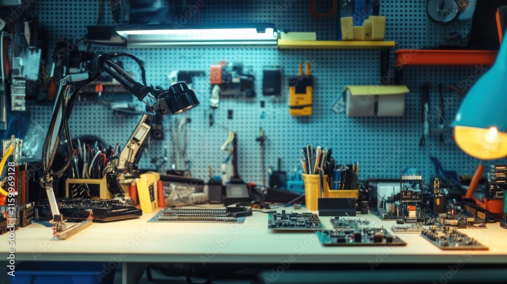 A bright DIY electronics workspace with various tools, Soldering iron and circuit boards set up neatly, Modern tech style