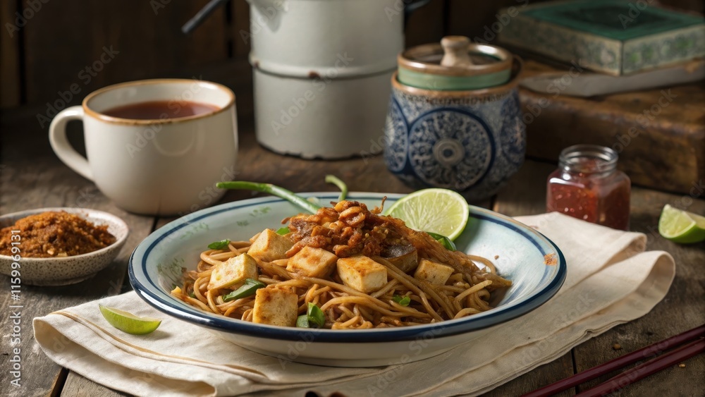 Nostalgic Mee Goreng Served on a Decorative Plate Nostalgic Mee Goreng Served on a Decorative Plate