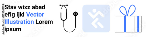Abstract text paragraph, minimalist stethoscope, medical icon of running person, outlined gift box with blue ribbon. Ideal for healthcare, medical advice, wellness, fitness, holidays gifting