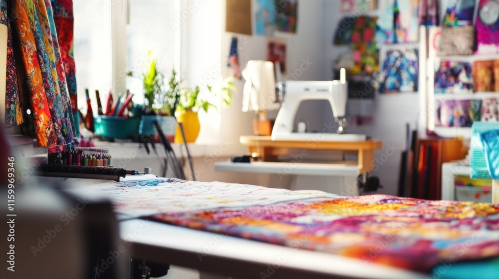 A bright quilting room with colorful fabrics, Sewing machines and tools perfectly arranged, Cozy artistic style A bright quilting room with colorful fabrics, Sewing machines and tools perfectly arranged, Cozy artistic style