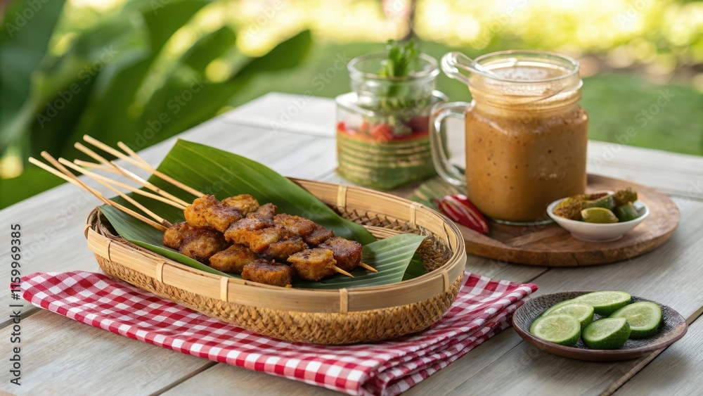 Rustic Picnic Style Satay Skewers with Refreshing Drinks Rustic Picnic Style Satay Skewers with Refreshing Drinks