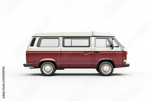 Maroon and beige vintage camper van, side profile, isolated on white background.