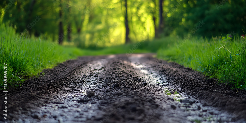 Fototapeta premium Muddy Forest Pathway with Lush Green Surroundings in Bright Daylight : Generative AI