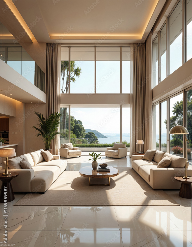 Fototapeta premium A modern and spacious living room with large windows overlooking a scenic outdoor landscape