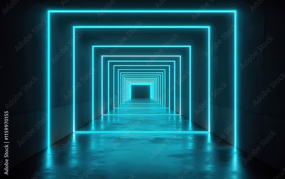 Abstract neon light tunnel with glowing cyan lines receding into the distance. Abstract neon light tunnel with glowing cyan lines receding into the distance.