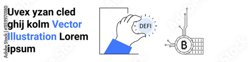 Hand holding DeFi coin with blockchain elements and Bitcoin symbol. Ideal for cryptocurrency, fintech, blockchain, financial services, digital wallets, decentralized finance, and tech startups