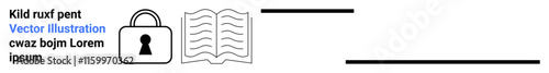 Lock icon next to an open book with text indicating secure access to information. Ideal for security, privacy, data protection, knowledge management, education, documentation, access control. Landing