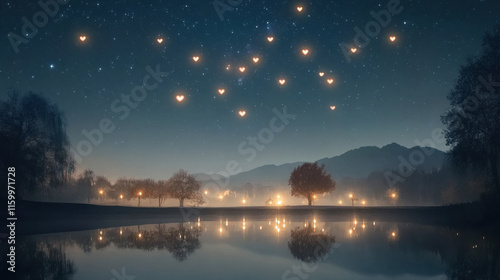 Magical night sky filled with heart shaped constellations above serene landscape