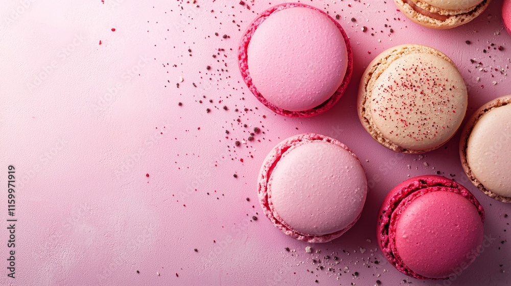 Fototapeta premium Pastel macarons on a pink surface