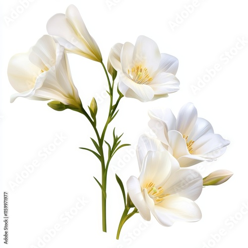 Close-up of elegant, cream-colored flowers with green stems, isolated on white background.