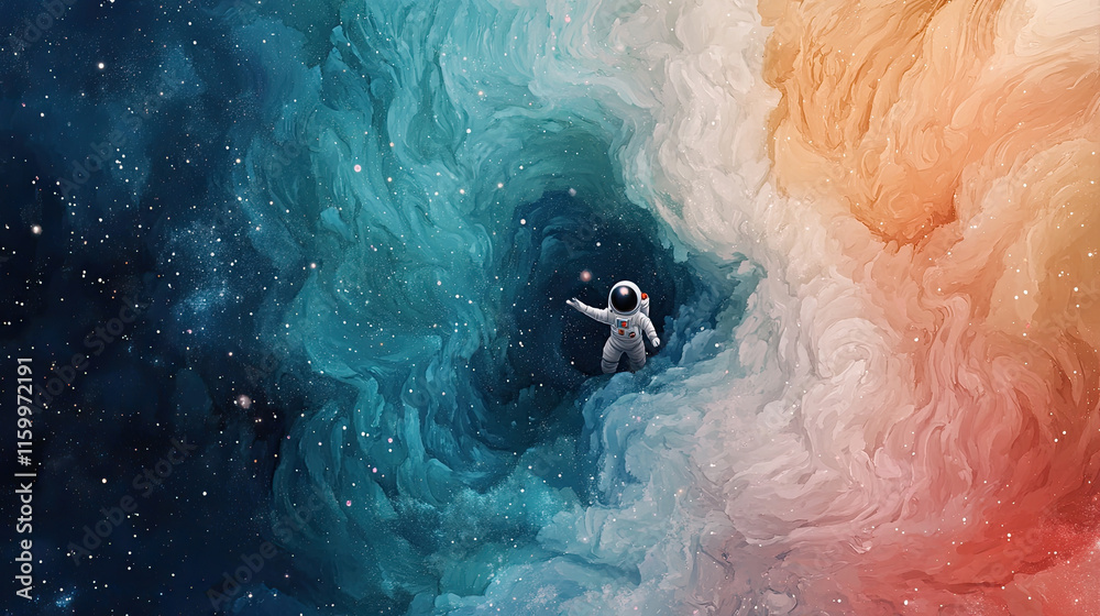 Fototapeta premium Astronaut exploring cosmic vortex with vibrant swirling colors and stars