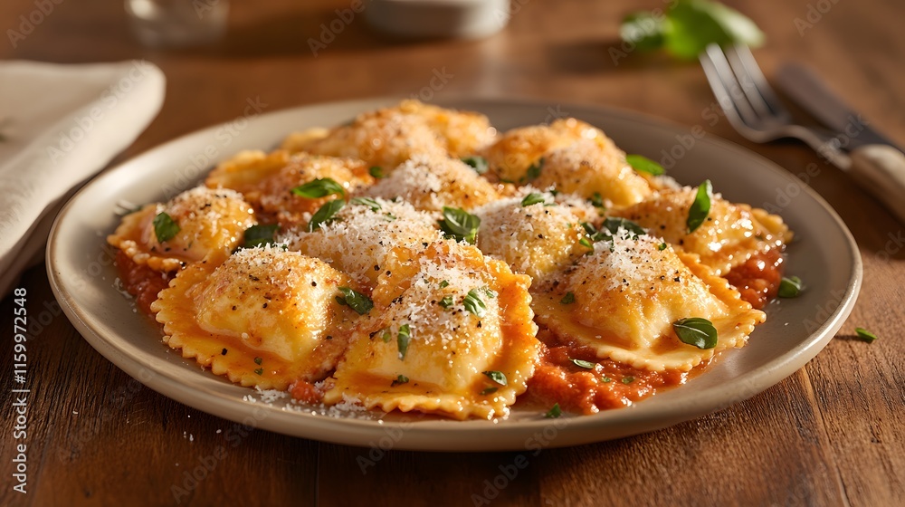 A close-up view of a plate of freshly cooked ravioli, Generative AI A close-up view of a plate of freshly cooked ravioli, Generative AI