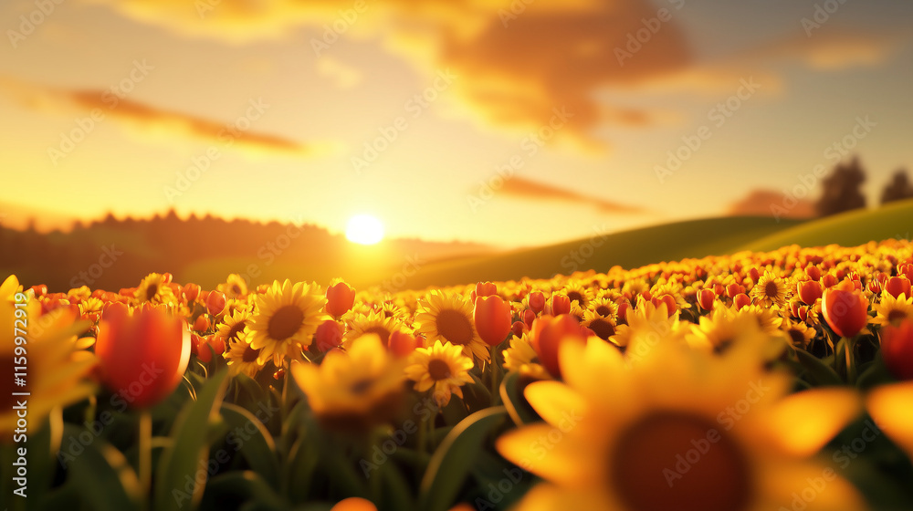 Fototapeta premium Sunflowers and tulips flower fields at sunset