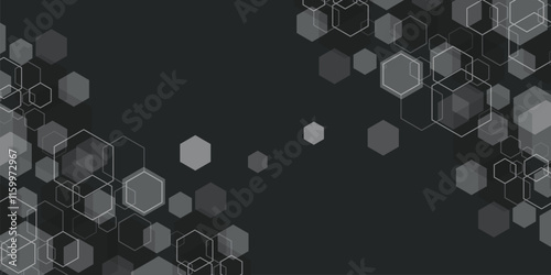 Geometric grey background. Vector banner design with hexagons. Medical, science and technology concept. Hexagon Monochrome simple pattern