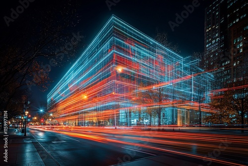 Night cityscape with light trails streaking past a modern glass building.