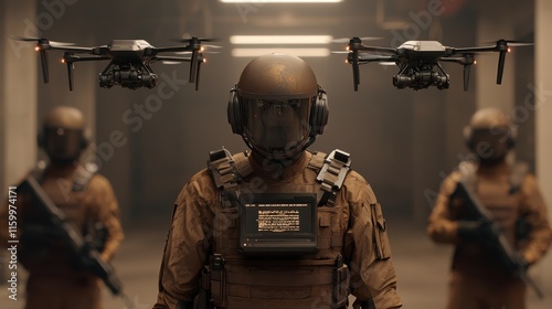 Multi armed robotic units assembling highly advanced drones within a secured high tech military manufacturing facility  The scene depicts a futuristic photo