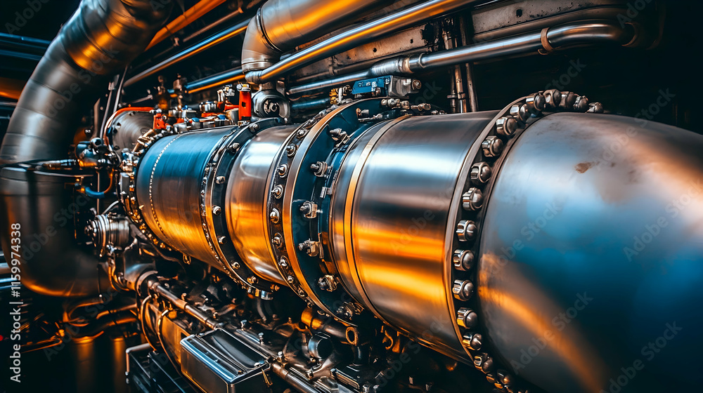 Powerful industrial engine close-up showcasing intricate metalwork and engineering. A detailed image perfect for illustrating themes of technology, manufacturing, and heavy industry. Powerful industrial engine close-up showcasing intricate metalwork and engineering. A detailed image perfect for illustrating themes of technology, manufacturing, and heavy industry.