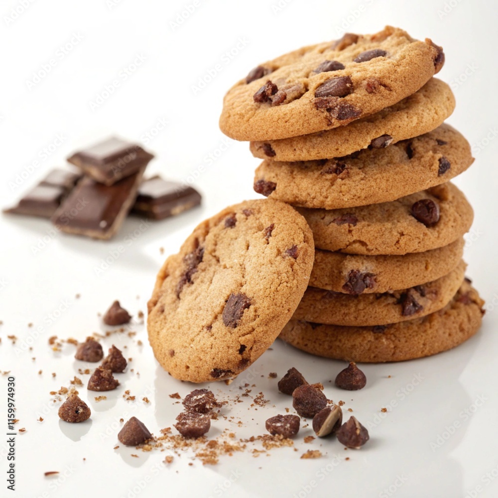 the stacked of chocolate chips cookies on white background the stacked of chocolate chips cookies on white background
