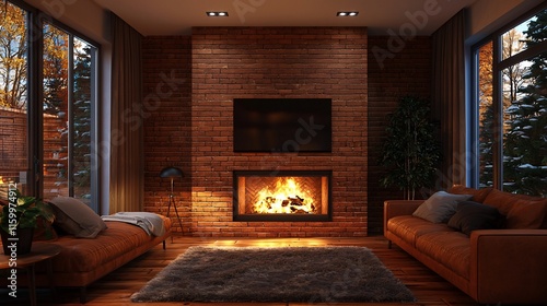 Cozy living room with fireplace, leather sofas, and autumnal view.