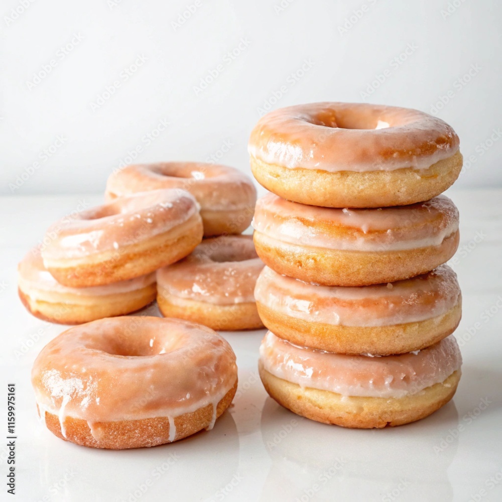 the stacked of strawberry pink glaze donuts on white background the stacked of strawberry pink glaze donuts on white background