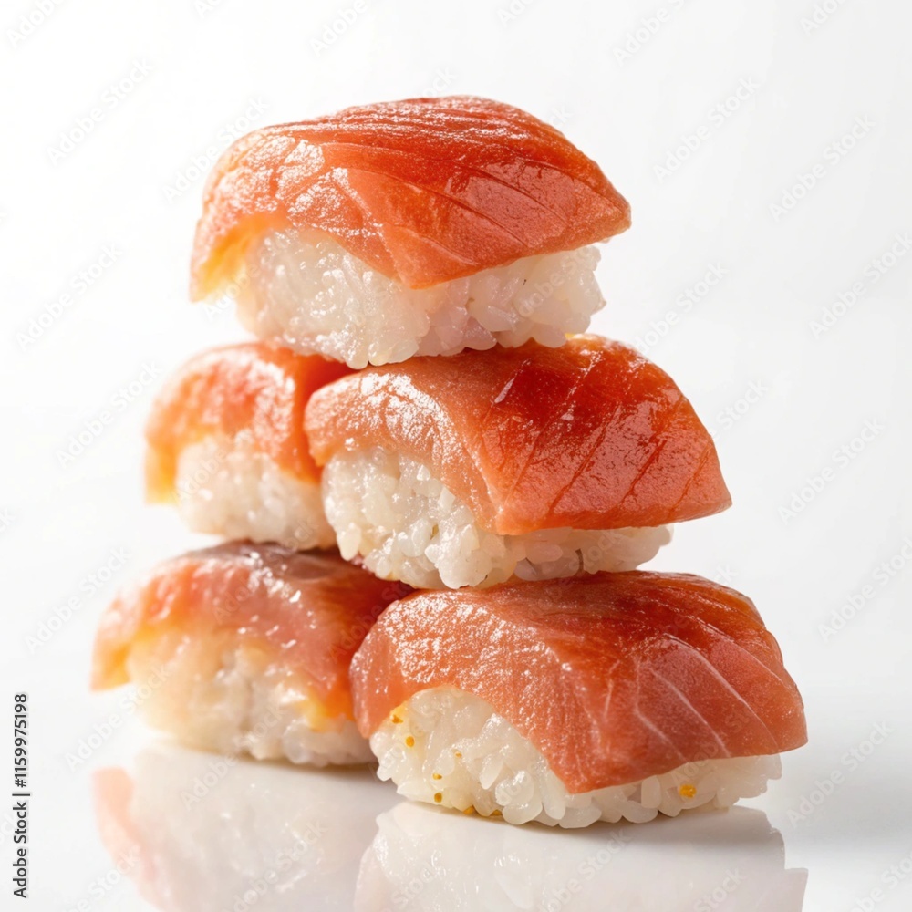 the stacked of fresh salmon sushi on white background