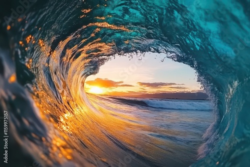 Sunset view from inside a breaking ocean wave. (1) photo