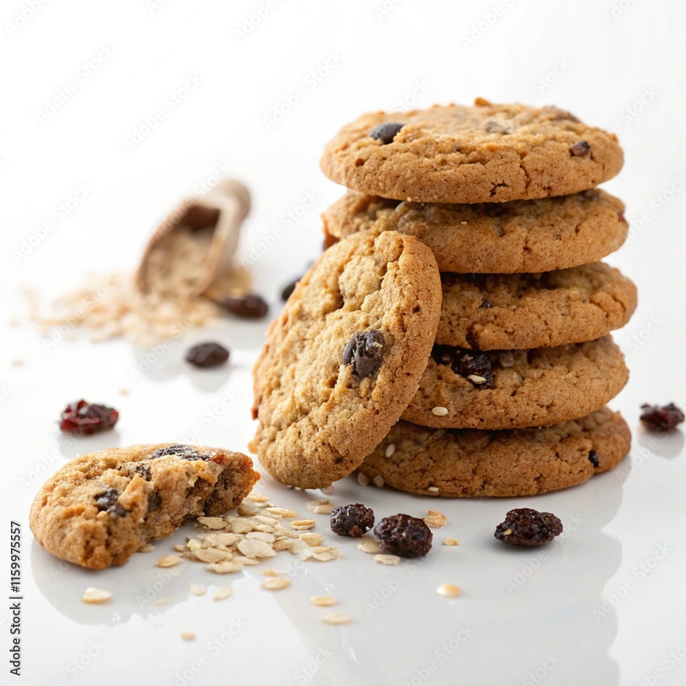 the stacked of raisin oatmeal cookies on white background the stacked of raisin oatmeal cookies on white background