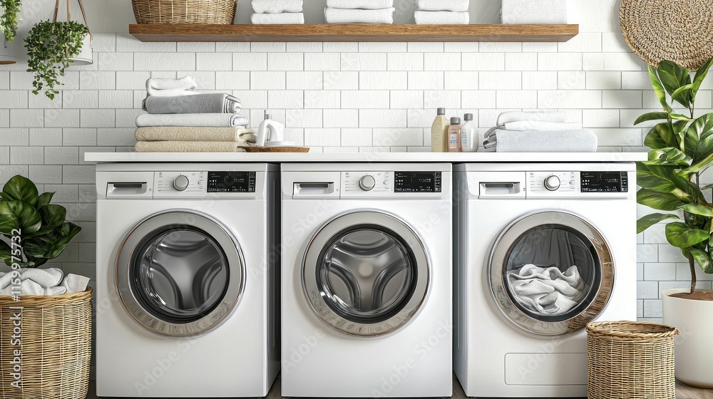 Modern laundry room with washing machines and neatly stacked towels. Modern laundry room with washing machines and neatly stacked towels.