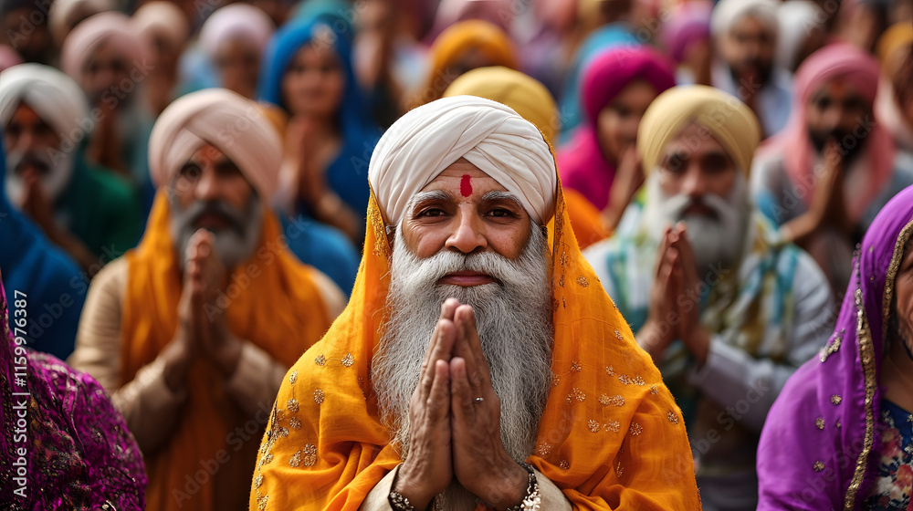 Naklejka premium Vibrant Sikh Community in Colorful Traditional Attire Praying Together Outdoors : Generative AI