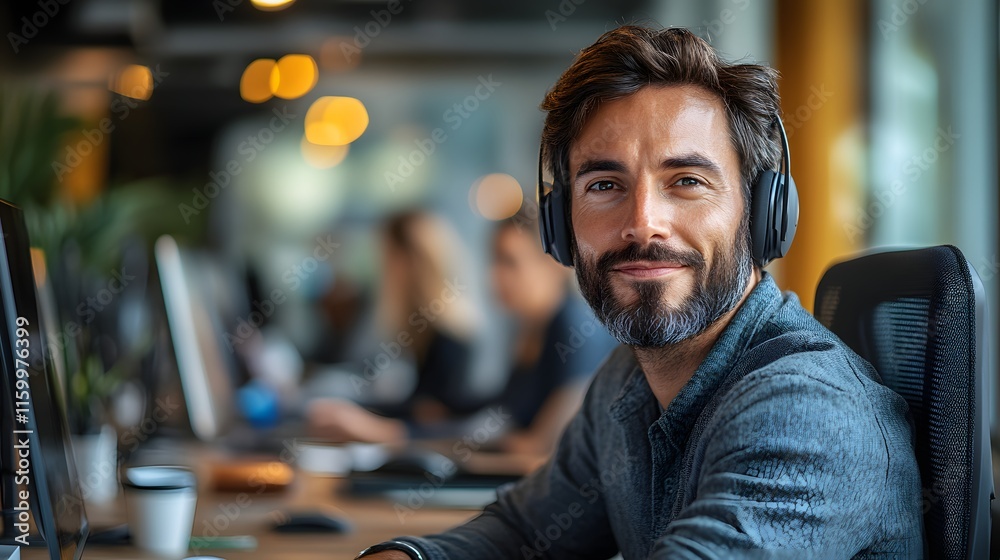 Professional Employees Engaged in Virtual Meeting with Headphones Professional Employees Engaged in Virtual Meeting with Headphones