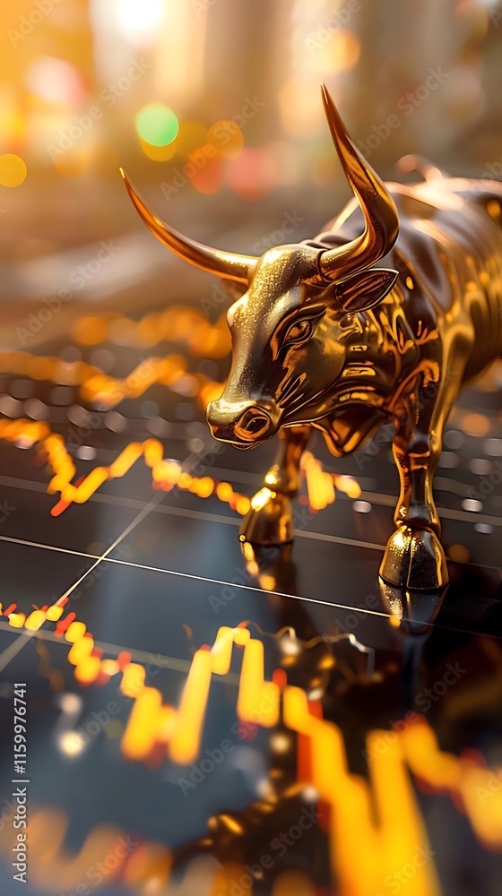 Golden bull figurine on stock market graph showing upward trend.