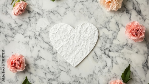 Valentine gift romantic personalized concept. Heart-shaped paper on marble surface surrounded by flowers romantic concept elegant environment still life photo