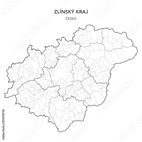 Political Map of the Zlín Region (Zlínský kraj) with Districts (Okres), AD MEC (SO ORP), AD CLA (SO POU) and Municipalities (Obcí) as of 2024 - Czechia/Czech Republic (Česko) - Vector Map