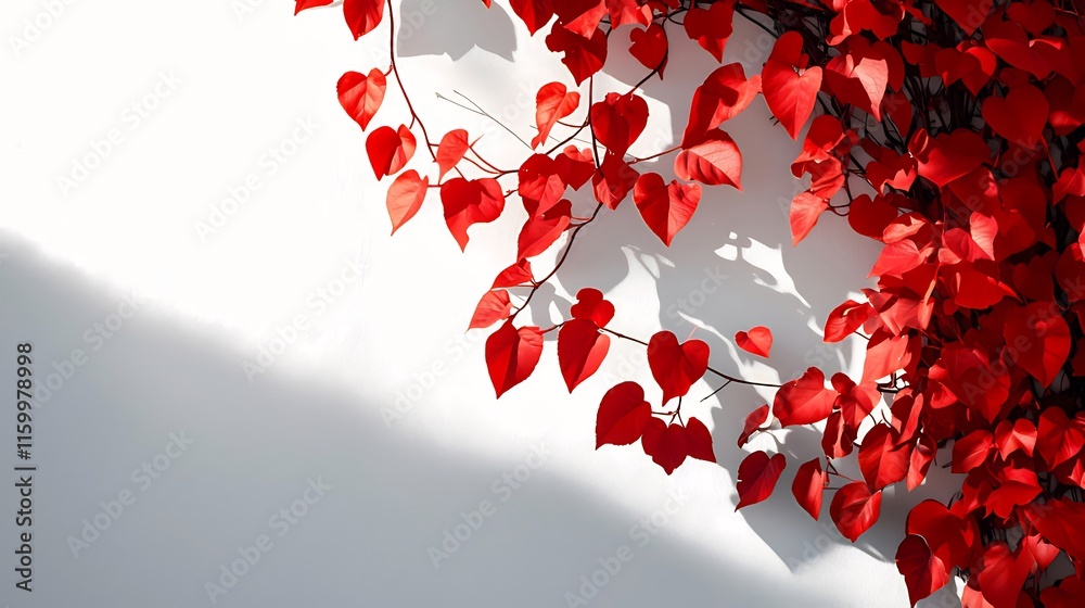 Red heart-shaped leaves on a white wall in sunlight. Red heart-shaped leaves on a white wall in sunlight.