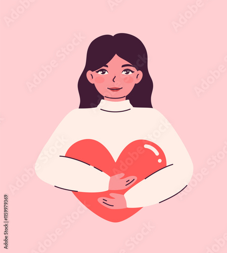 Image for Valentine's Day. Girl with a heart in her hands. Flat vector illustration.