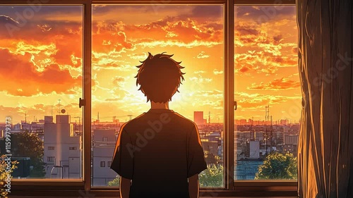 A young man stands in front of the window, looking at the city outside. The sunset sky is depicted in an anime-inspired, lo-fi art style.