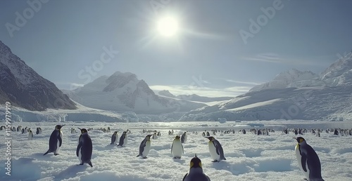 Penguins foraging in the icy landscape of wildlife photography bright daylight scenic view