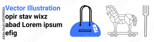 Handbag with price tag, geometric Trojan Horse on wheels, and fork. Ideal for branding, marketing, retail, ancient history, deception concept geometric design digital art. Landing page
