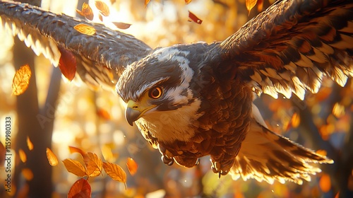 Majestic falcon in flight amidst autumn leaves. photo