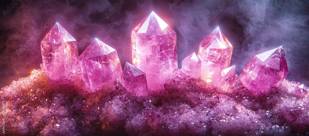 A cluster of sparkling purple crystals on a shimmering surface, creating a mystical ambiance. A cluster of sparkling purple crystals on a shimmering surface, creating a mystical ambiance.