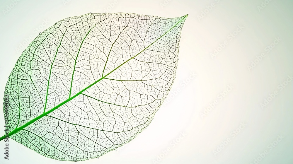 Obraz premium of a vibrant green leaf with visible water droplets, captured with natural lighting highlighting its detailed veins and smooth surface. Clean space to the side for text. 