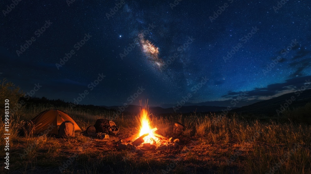 A cozy camping spot under a starlit sky, Camping gear arranged around a flickering campfire, Nighttime camping tranquility style A cozy camping spot under a starlit sky, Camping gear arranged around a flickering campfire, Nighttime camping tranquility style