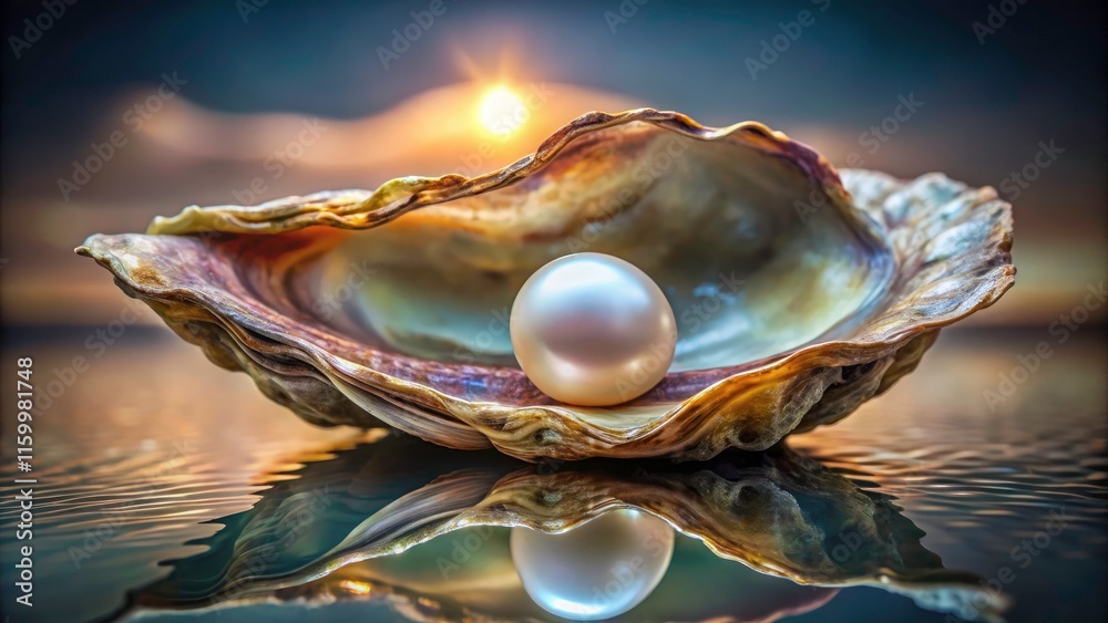 Elegant Reflection of a Natural Pearl in an Oyster Shell on a Mirror Surface - Low Light Photography
