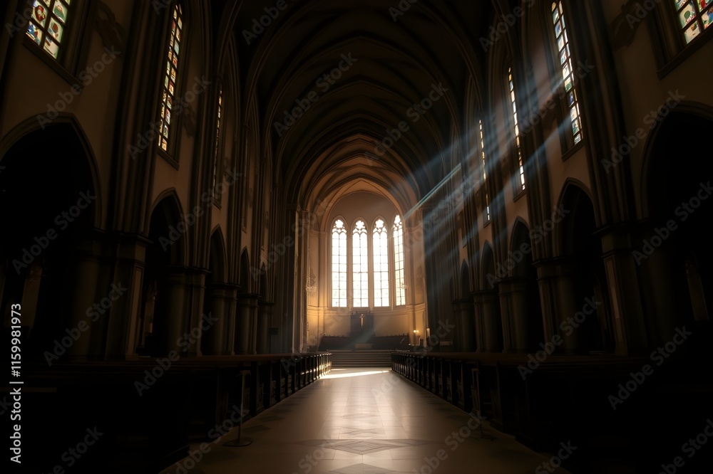 Obraz premium Abstract Church Interior with Light Beams Streaming Through Windows, Illuminating an Empty Worship Space.